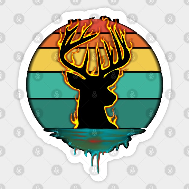 Flaming Retro Buck Sticker by Shawnsonart